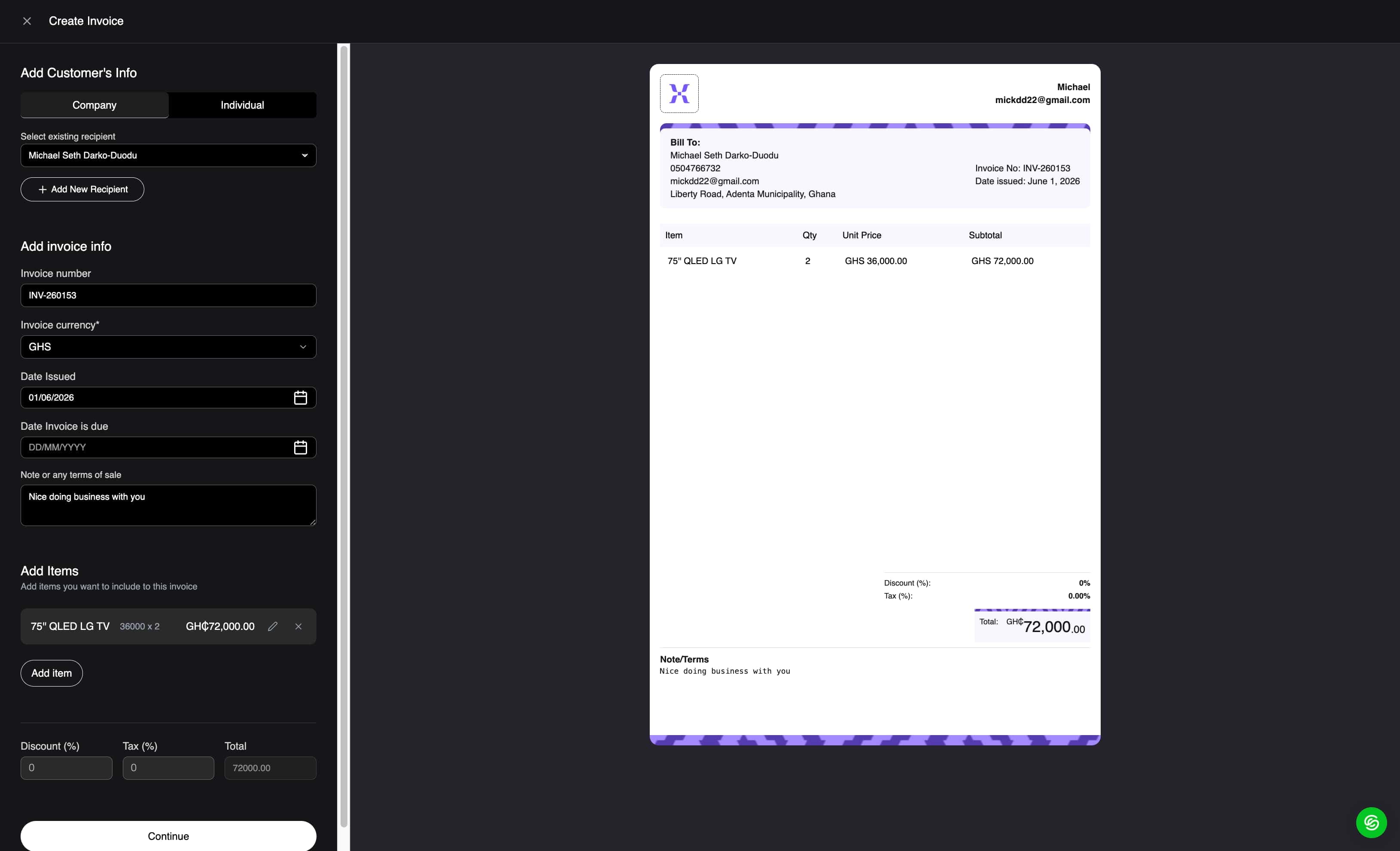 Screenshot of the invoice creation form in the dashboard