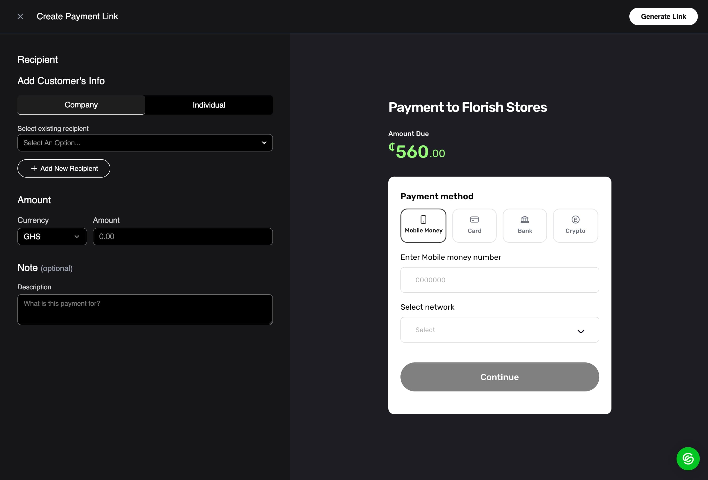 Screenshot of the invoice creation form in the dashboard