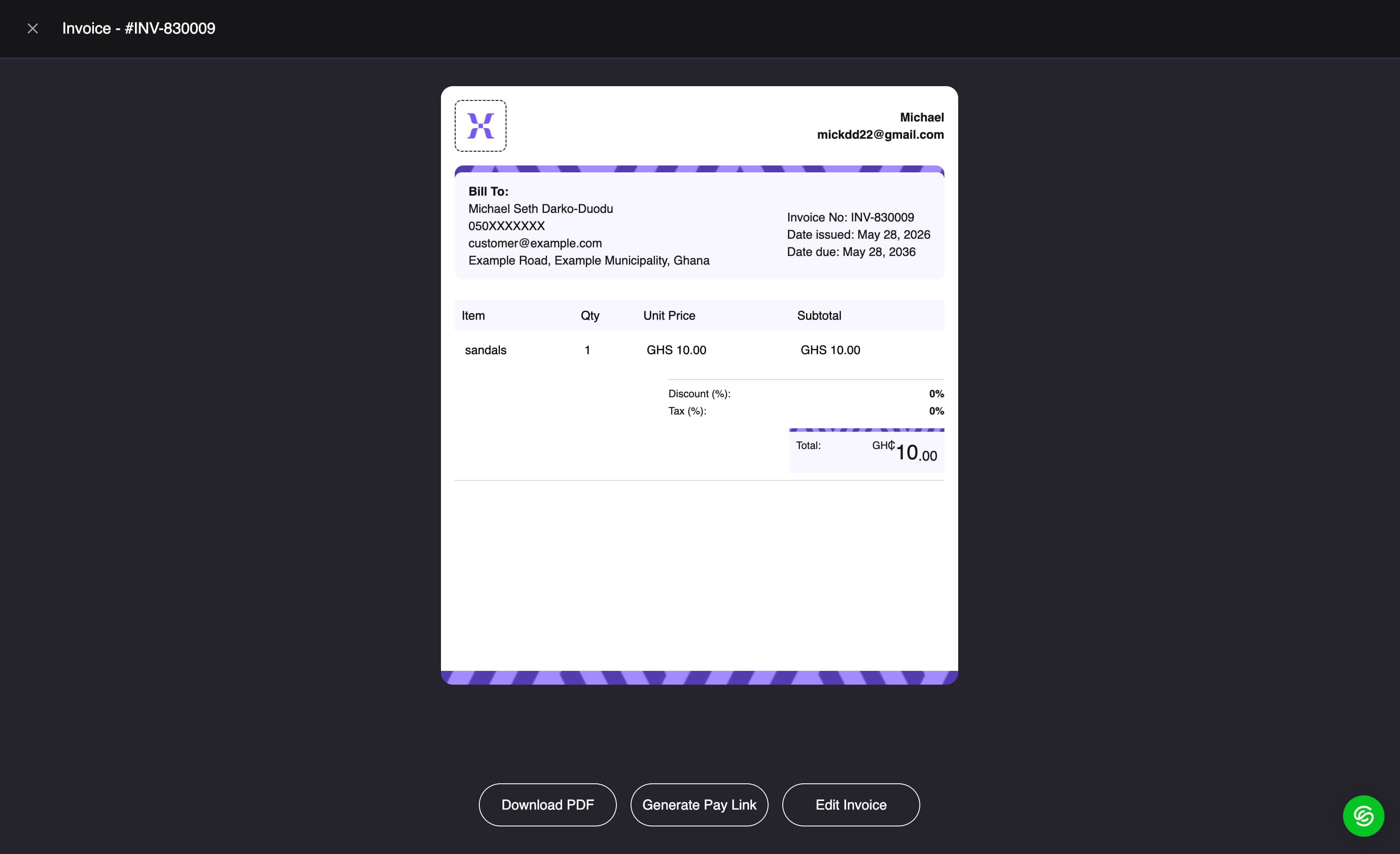 Screenshot of an invoice in seevplus