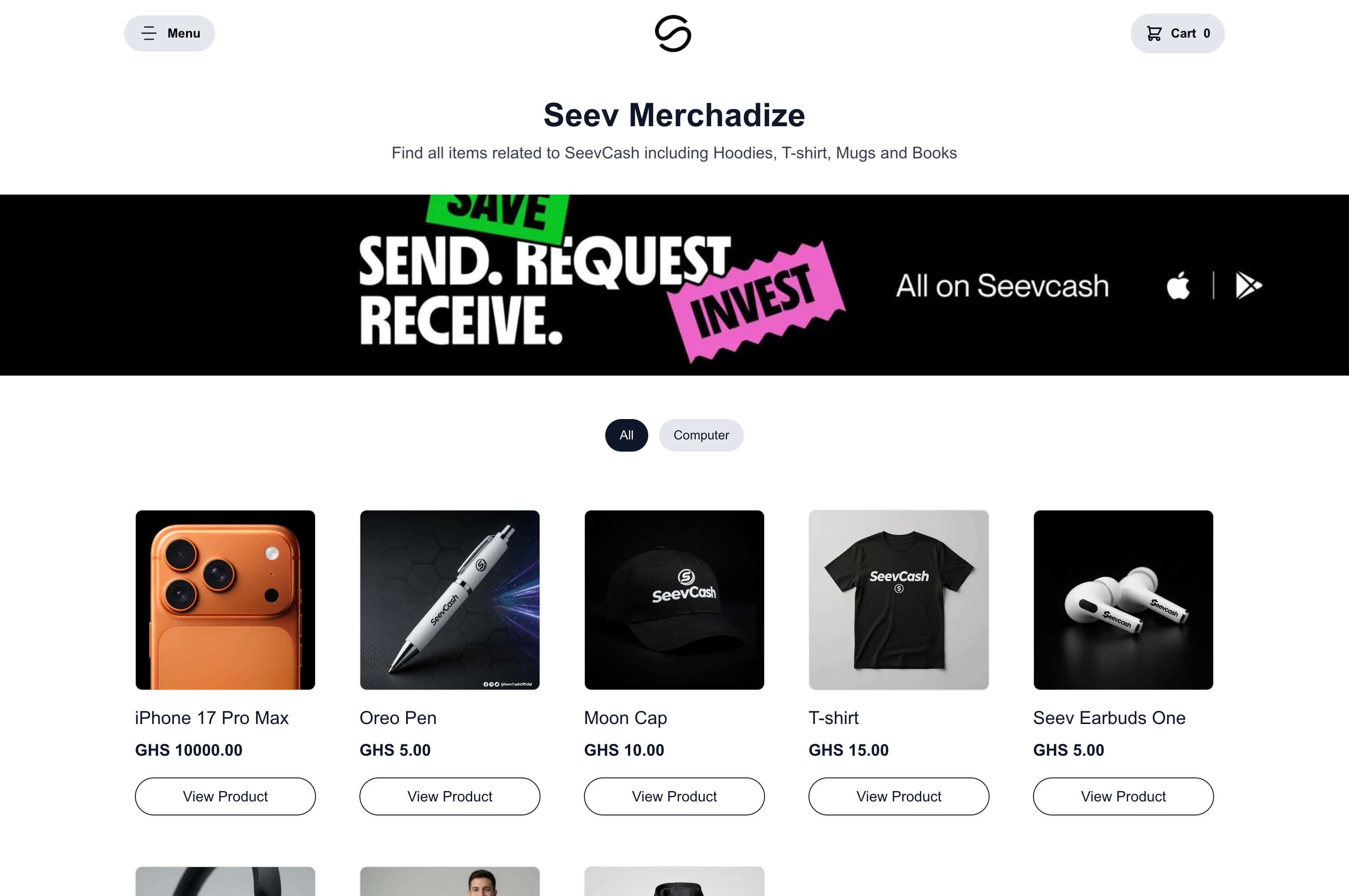 A public Seev storefront listing several products